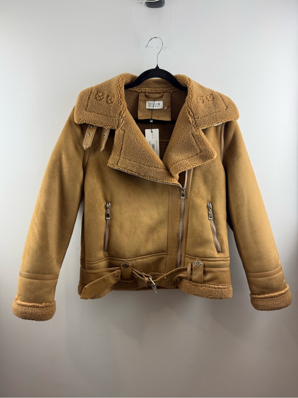 NWT Molly Bracken Suedette Shearling Aviator Jacket Camel Moto Coat